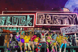 A graphic with a neon sign reading "Block Party Bodega", and several characters standing in front of it with surreal, funky costumes. 